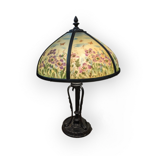 6 Panel Reverse Painted Table Lamp with Black Metal Base