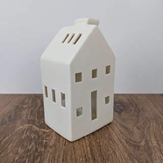 Matte White Ceramic House Shaped Candle Holder with Free Battery Operated Tea Light
