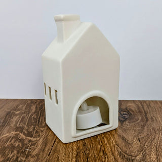 Matte White Ceramic House Shaped Candle Holder with Free Battery Operated Tea Light