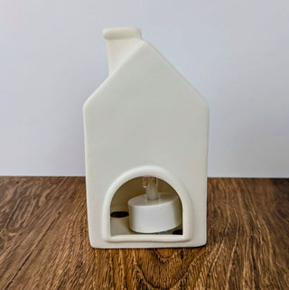 Matte White Ceramic House Shaped Candle Holder with Free Battery Operated Tea Light
