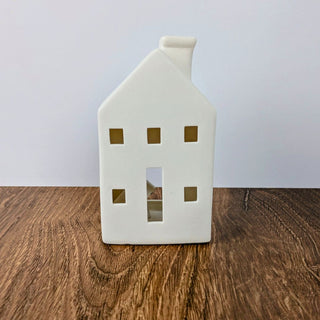 Matte White Ceramic House Shaped Candle Holder with Free Battery Operated Tea Light