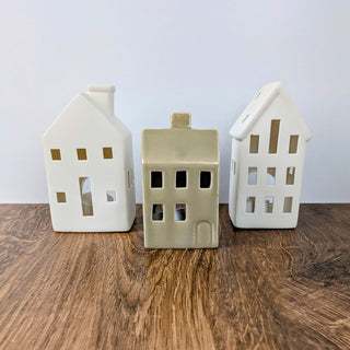 Matte White Ceramic House Shaped Candle Holder with Free Battery Operated Tea Light