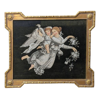 Vintage Embroidered Angel and Child Art in Gold Frame