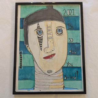 Face with Black Hair and Green Background, Original Art by S. Tinberg, 10Wx1Dx13H
