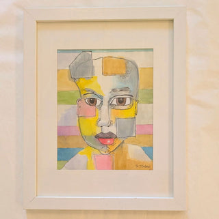 Colorful Face with Brown Eyes, Original Art by S. Tinberg, 13Wx16Hx1D