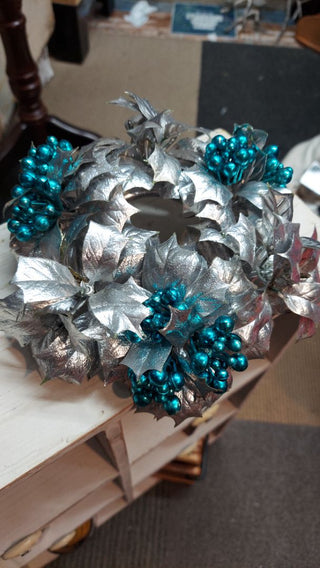 Blue and silver candle table wall wreath by A.A.F. Made in Hong Kong