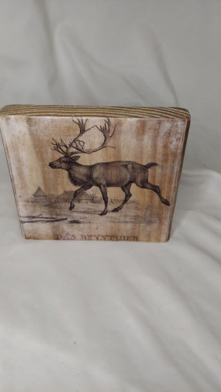 1800s Das Rennthier (Old German for Reindeer)On Rustic Wood Block Art Print