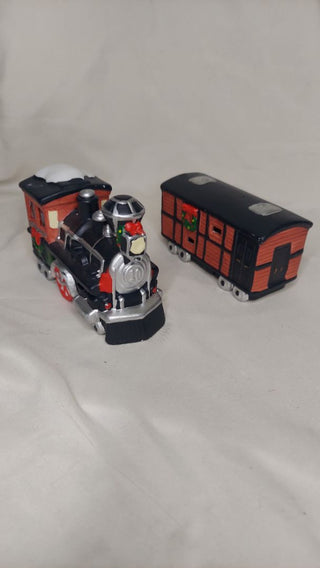 (2) Light Up Porcelain Train Set, Engine and Christmas Box Car