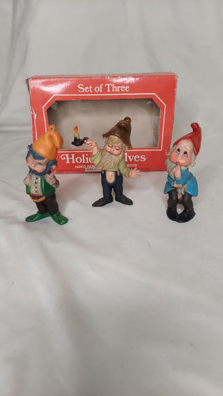 1986 Holiday Elves, hand painted tree ornaments, Made in Macau, exclusively for Emson Inc., New York  Item No. 8778 (T&M)