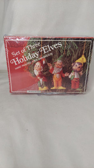 1986 Holiday Elves, hand painted tree ornaments, Made in Macau, exclusively for Emson Inc., New York  Item No. 8778 (T&M)