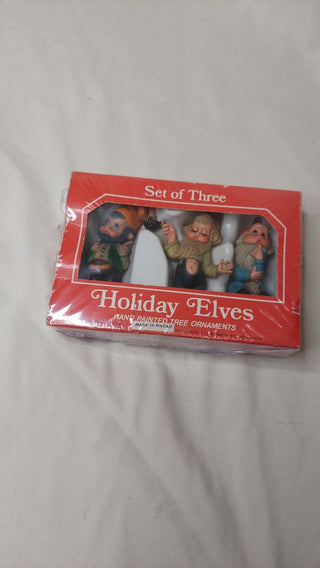 1986 Holiday Elves, hand painted tree ornaments, Made in Macau, exclusively for Emson Inc., New York  Item No. 8778 (T&M)