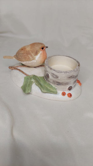 Snow Robin with Holly Berries by Marjolein Bastin for Hallmark, Tea light Candle Figurine