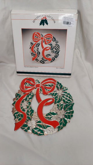 1986 Holiday Collection Holiday Wreath Trivet Wm A Rodgers Imported by Oneida Silversmiths Made in Japan, Silver-plated with Enamel