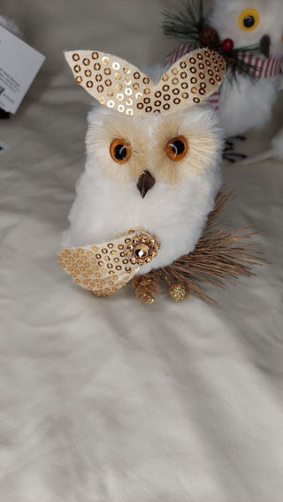 White & Gold Plush Snow Owl Christmas Decor - Ornament