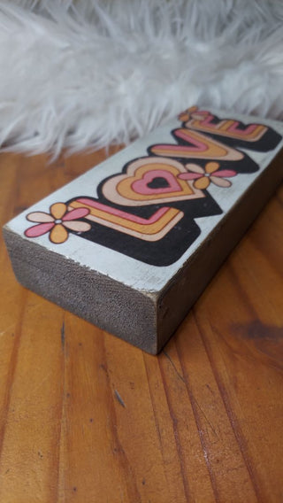 1970s hippie style LOVE with flowers - Artisan Wood Block Print