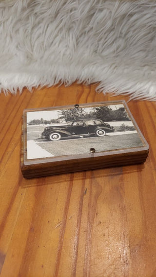 1937 Studebaker Car, 1943 postcard photograph from soldier. Custom wood and plexiglass framed.