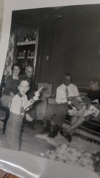 1950s Boy gets Smokey Cap Guns for Christmas! Family photography on Kodak Velox Paper