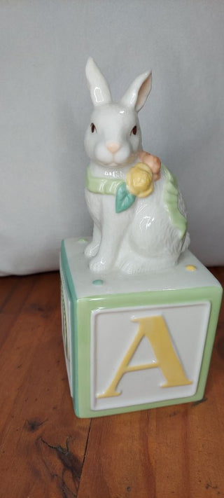 Belleek Bunny Baby Collection, porcelain Rabbit Alphabet Block Bank