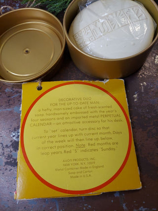 1980 Avon Perpetual Calendar Tin, with original new classic blend fragrance soap (T&M)