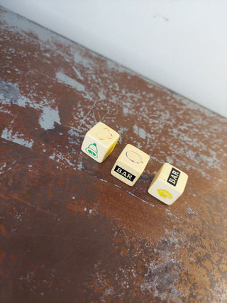 3pc set of bakelite slot machine dice. Fruit, Bar and Bell.AS-IS