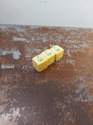3pc set of bakelite slot machine dice. Fruit, Bar and Bell.AS-IS