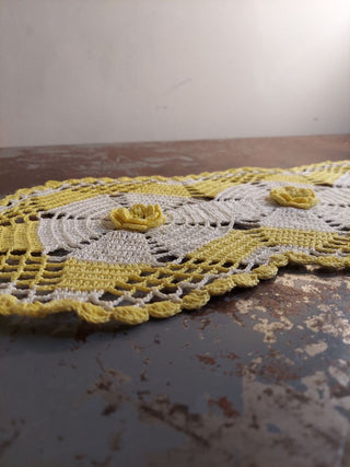 Yellow and Cream Flower Runner Crocheted Lace Wall Hanging (starched) one of a kind