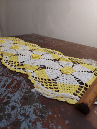 Yellow and Cream Flower Runner Crocheted Lace Wall Hanging (starched) one of a kind