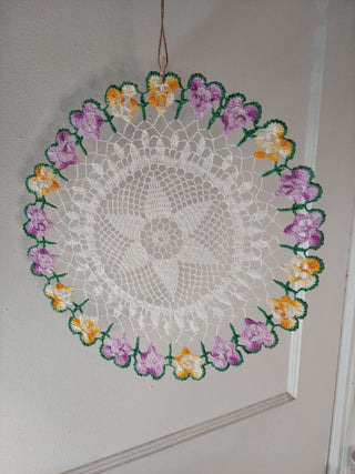 Vibrant Crochet Lace Pansy floral Doily (Starched) wall art