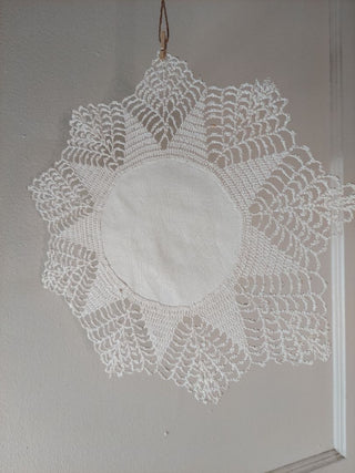 Antique Cream Linen and crocheted lace doily starched - wall hanging ASIS