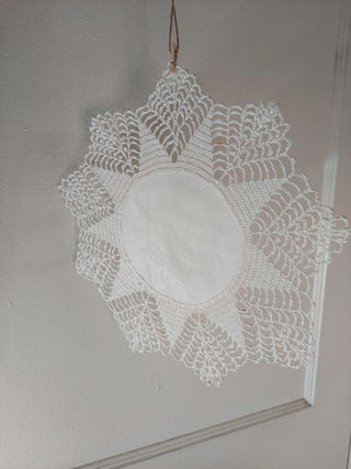 Antique Cream Linen and crocheted lace doily starched - wall hanging ASIS