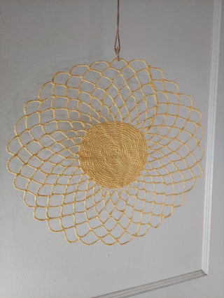 .01) Yellow Crochet Lace Sunburst Doily (Starched) hot pad / wall art
