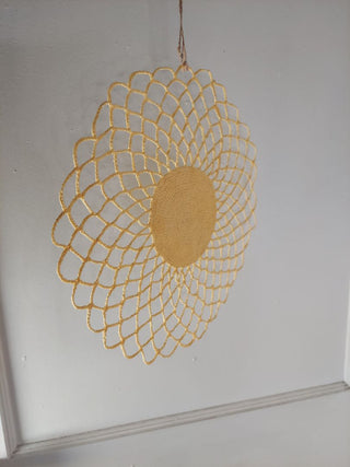 .01) Yellow Crochet Lace Sunburst Doily (Starched) hot pad / wall art
