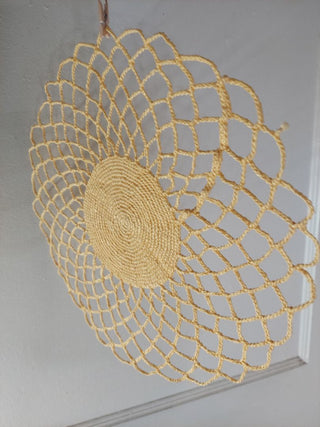 .02) Yellow Crochet Lace Sunburst Doily (Starched) hot pad / wall art