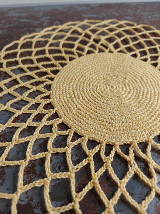 .02) Yellow Crochet Lace Sunburst Doily (Starched) hot pad / wall art