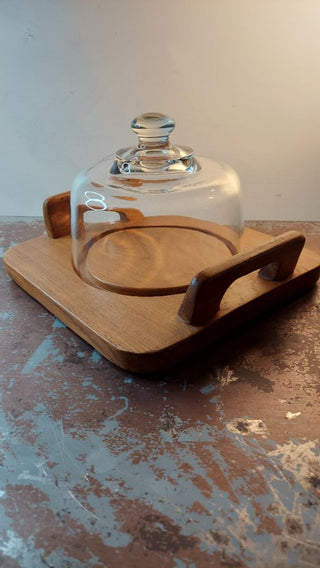 MCM Dolphin Teakwood handled cheese server charcuterie board with cloche by Lipper International