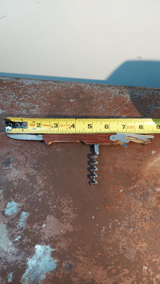 Eddie Bauer wood body multitool; corkscrew, bottle opener and a small knife. Folding bar picnic camping drink opener knife.