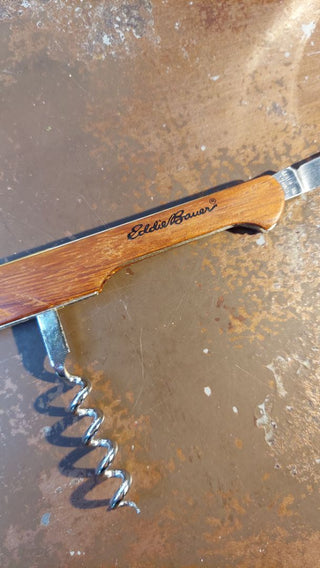 Eddie Bauer wood body multitool; corkscrew, bottle opener and a small knife. Folding bar picnic camping drink opener knife.