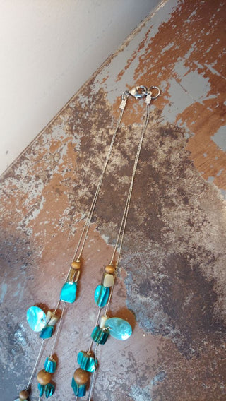 Silver Tone Multi Colored two Strand Shell Necklace; Blue Turquoise Lagoon Wood Bead (T&M)