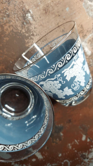 2pc. 1960s White Grapes On Blue and Platinum Trim - Double Old Fashioned drinking glasses by Colony - Indiana Glass
