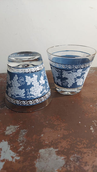2pc. 1960s White Grapes On Blue and Platinum Trim - Double Old Fashioned drinking glasses by Colony - Indiana Glass