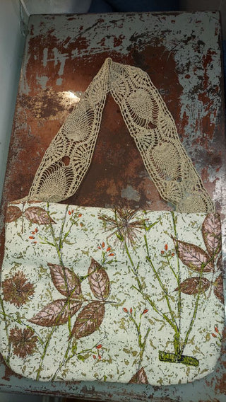 Mid-century Atomic Floral Barkcloth Fabric Large Slouchy Tote Purse with crocheted lace strap, shoulder or crossbody, zipper closure. One of a kind.
