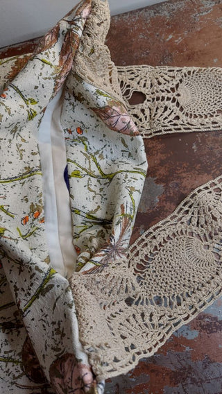 Mid-century Atomic Floral Barkcloth Fabric Large Slouchy Tote Purse with crocheted lace strap, shoulder or crossbody, zipper closure. One of a kind.