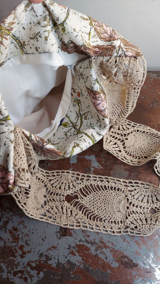 Mid-century Atomic Floral Barkcloth Fabric Large Slouchy Tote Purse with crocheted lace strap, shoulder or crossbody, zipper closure. One of a kind.