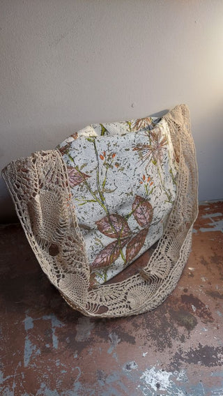 Mid-century Atomic Floral Barkcloth Fabric Large Slouchy Tote Purse with crocheted lace strap, shoulder or crossbody, zipper closure. One of a kind.