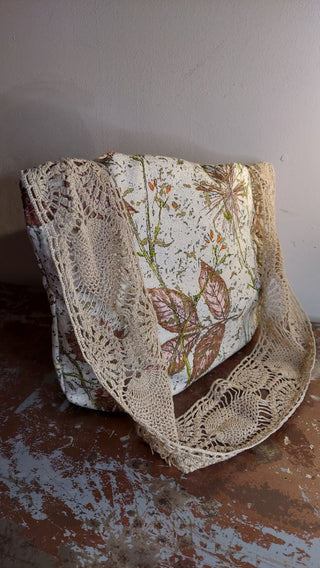 Mid-century Atomic Floral Barkcloth Fabric Large Slouchy Tote Purse with crocheted lace strap, shoulder or crossbody, zipper closure. One of a kind.