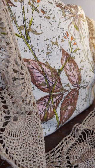 Mid-century Atomic Floral Barkcloth Fabric Large Slouchy Tote Purse with crocheted lace strap, shoulder or crossbody, zipper closure. One of a kind.