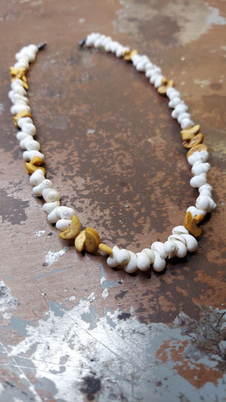 1970s Natural Cowrie Shell and Half Moon Wood Necklace