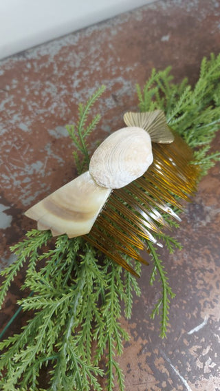 Mermaid Shell and Gold-tone Bow Amber Plastic Hair Comb Pin - Made From Upcycled Vintage Jewelry