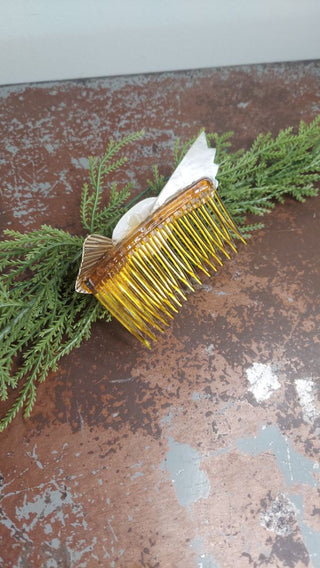 Mermaid Shell and Gold-tone Bow Amber Plastic Hair Comb Pin - Made From Upcycled Vintage Jewelry