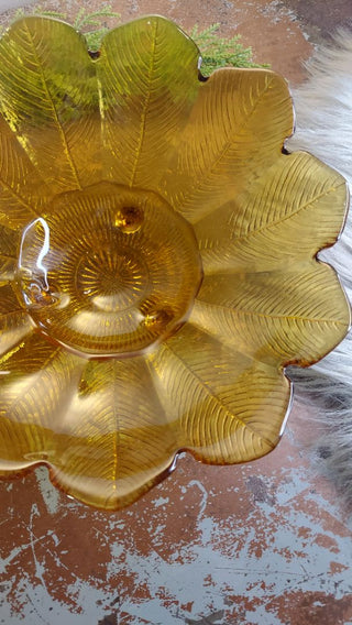 Midcentury Flower Fleather Footed Amber Art Glass Display Dish, gorgeous server too!
